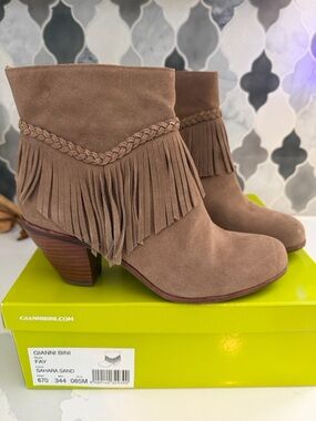 Gianni Bini Fringe Suede Ankle Boots in Sahara Sand